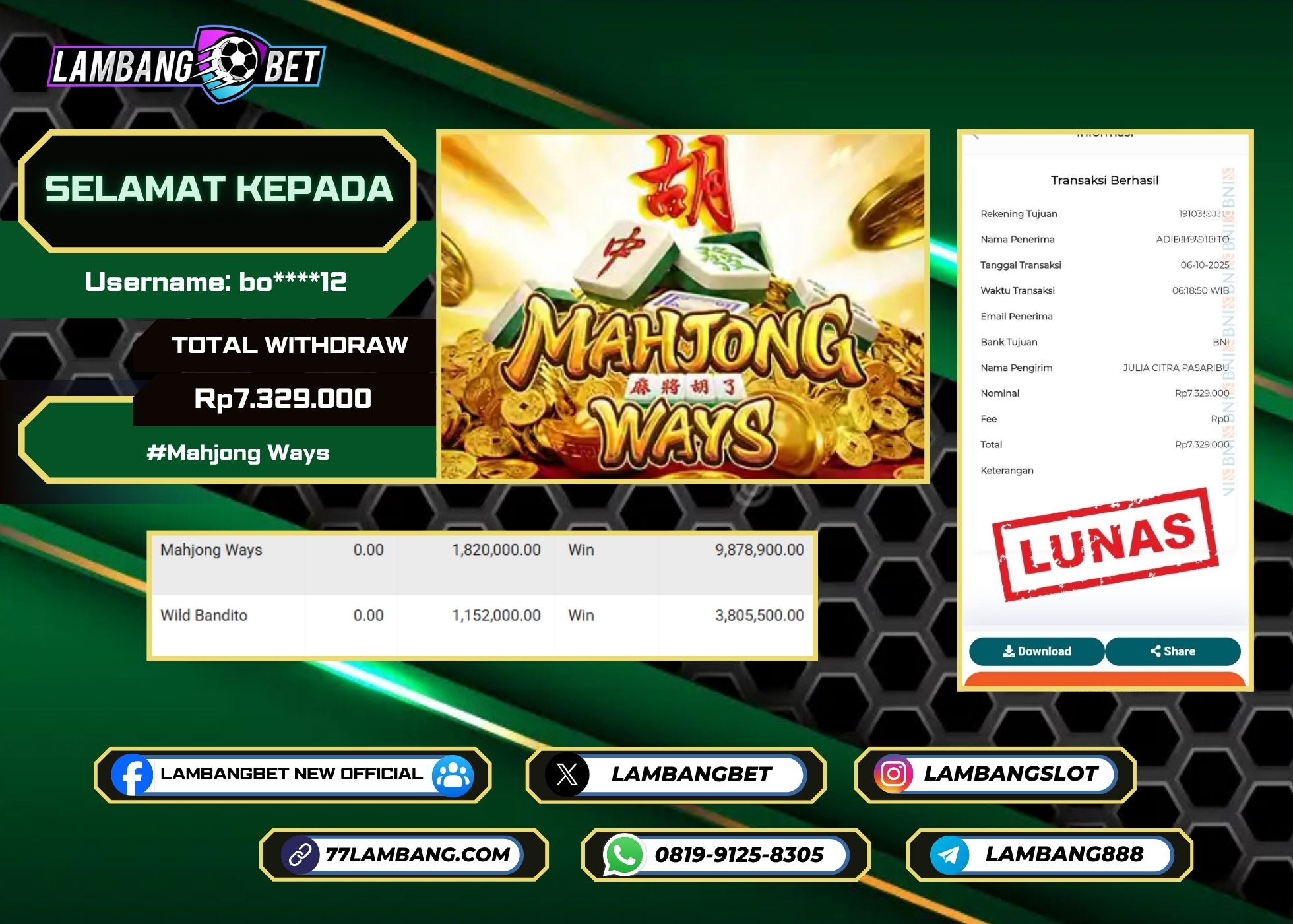 LAMBANGBET [6 OKTOBER 2025] JACKPOT SLOT Mahjong Ways "Rp7.329.000" LUNAS